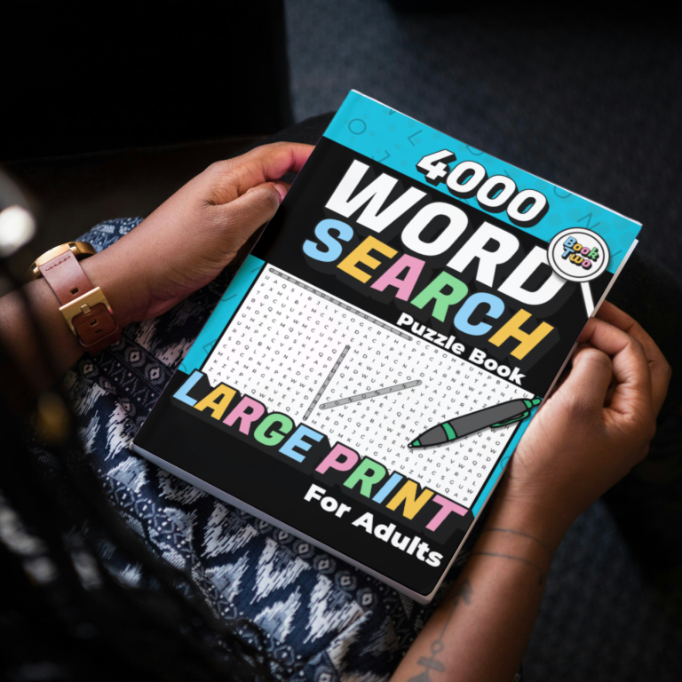 Juno Mint Books 4000 Word Search Puzzle Book Vol. Two Woman holding 4000 Word Search Large Print for Adults Puzzle book on her lap.